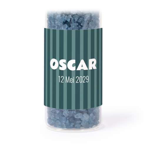 Glazen buisjes met vierkante stickers & blauw badzout - set van 12 Glazen buisjes met vierkante stickers & blauw badzout - set van 12
