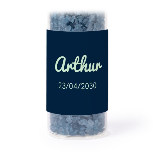 Glass tubes with square stickers & blue bath salt - set of 12