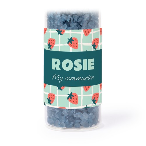 Glass tubes with square stickers & blue bath salt - set of 12