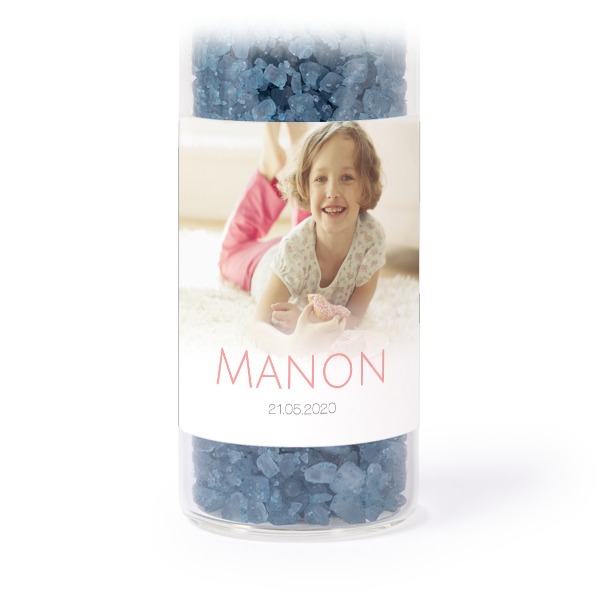 Glass tubes with square stickers & blue bath salt - set of 12