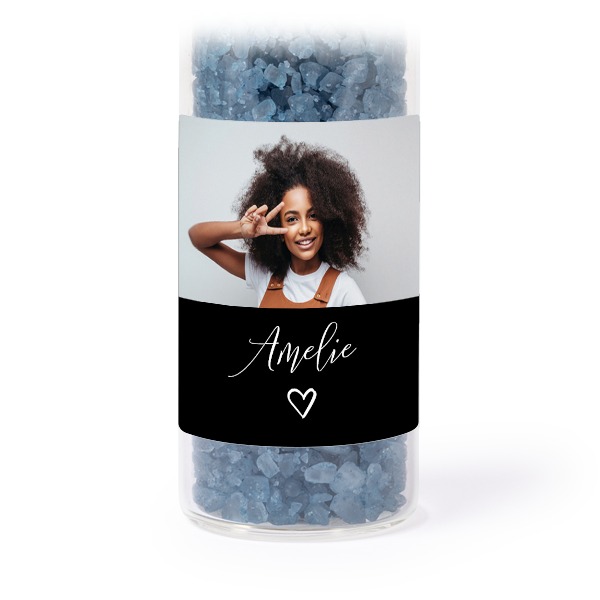 Glass tubes with square stickers & blue bath salt - set of 12