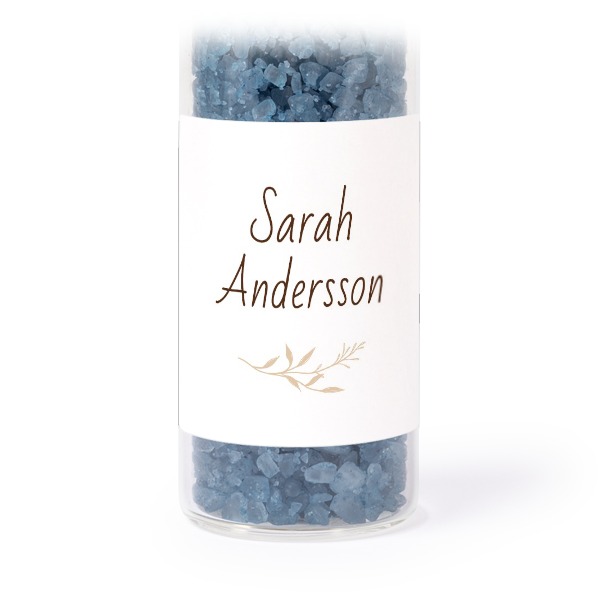 Glass tubes with square stickers & blue bath salt - set of 12