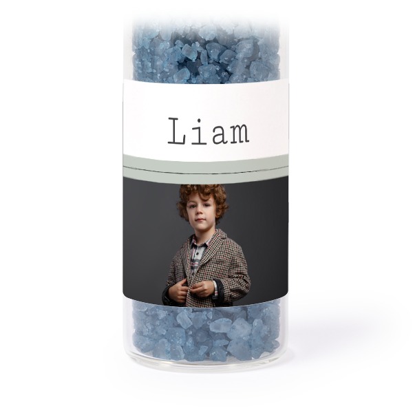 Glazen buisjes met vierkante stickers & blauw badzout - set van 12 Glazen buisjes met vierkante stickers & blauw badzout - set van 12