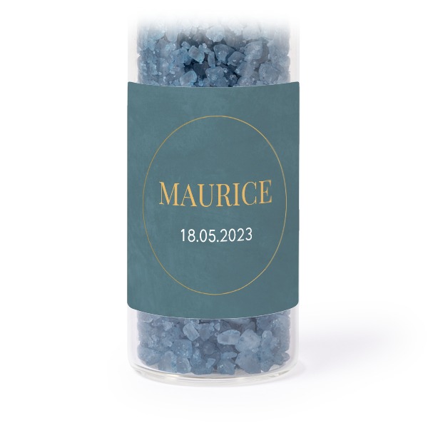 Glass tubes with square stickers & blue bath salt - set of 12
