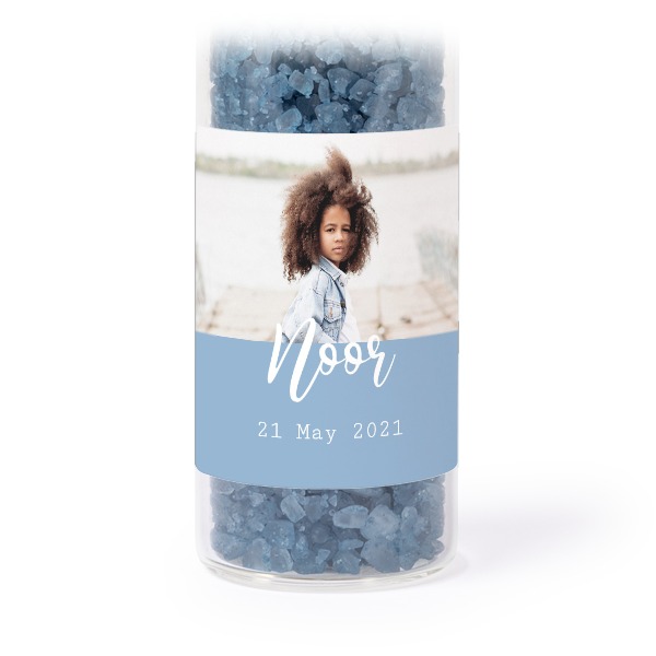 Glass tubes with square stickers & blue bath salt - set of 12