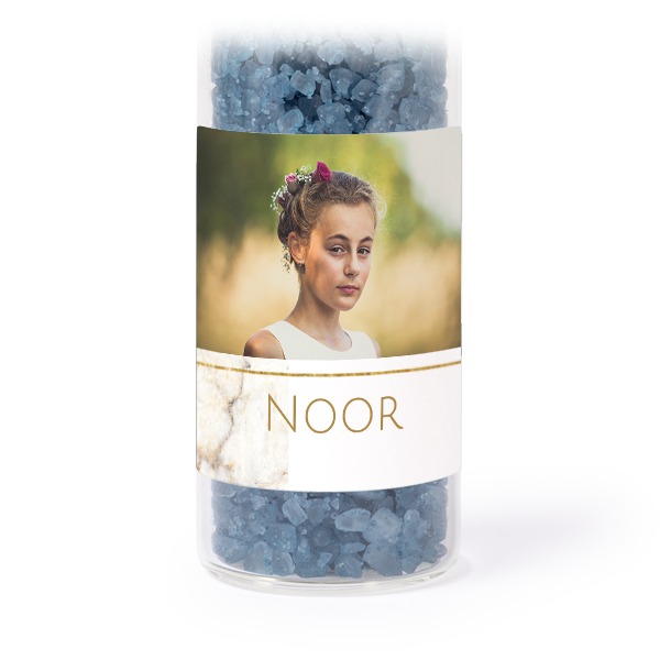 Glass tubes with square stickers & blue bath salt - set of 12