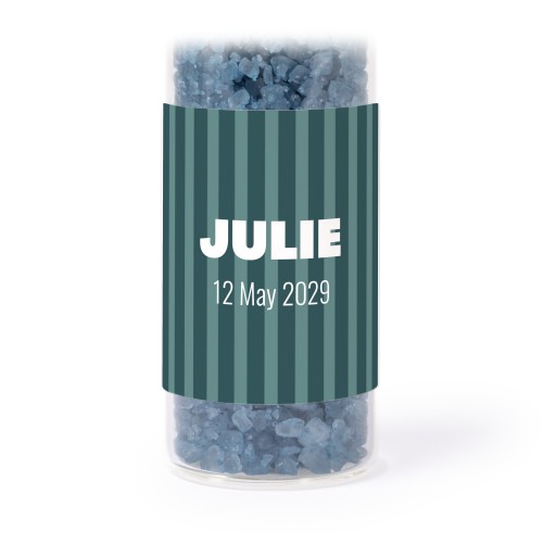 Glass tubes with square stickers & blue bath salt - set of 12