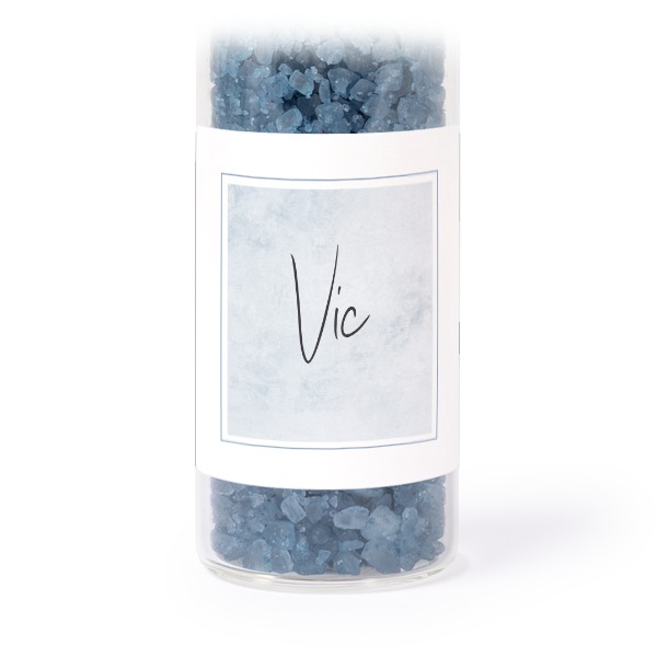 Glazen buisjes met vierkante stickers & blauw badzout (set van 12) Glazen buisjes met vierkante stickers & blauw badzout (set van 12)
