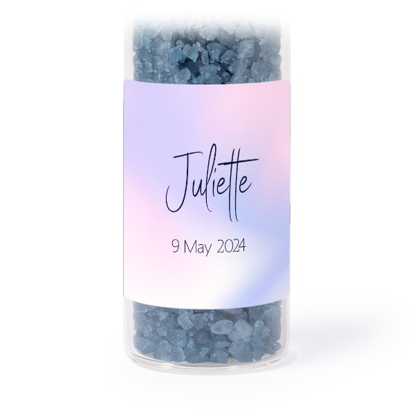 Glazen buisjes met vierkante stickers & blauw badzout (set van 12) Glazen buisjes met vierkante stickers & blauw badzout (set van 12)