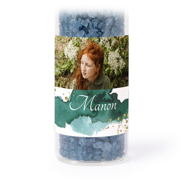 Glass tubes with square stickers & blue bath salt - set of 12