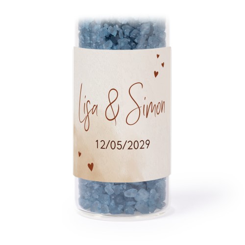 Glass tubes with square stickers & blue bath salt - set of 12
