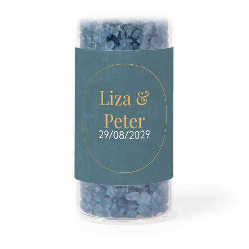 Glass tubes with square stickers & blue bath salt - set of 12
