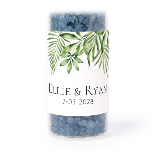 Glass tubes with square stickers & blue bath salt - set of 12