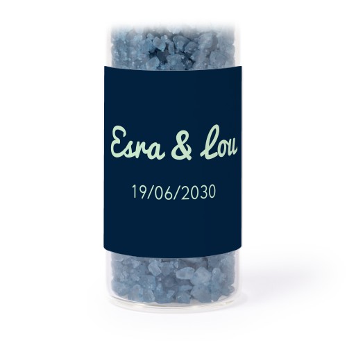 Glass tubes with square stickers & blue bath salt - set of 12 Glass tubes with square stickers & blue bath salt - set of 12