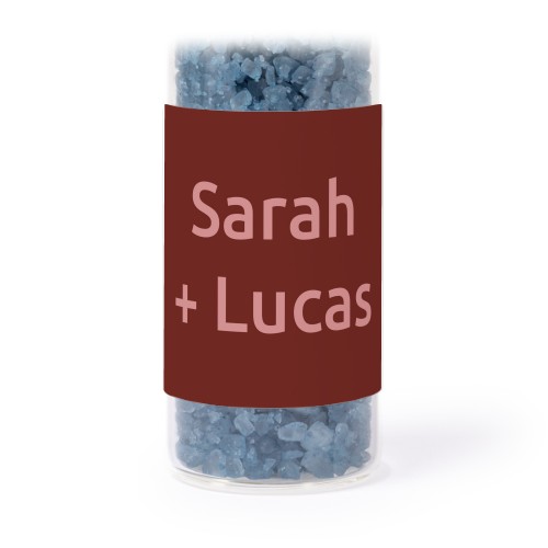 Glass tubes with square stickers & blue bath salt - set of 12