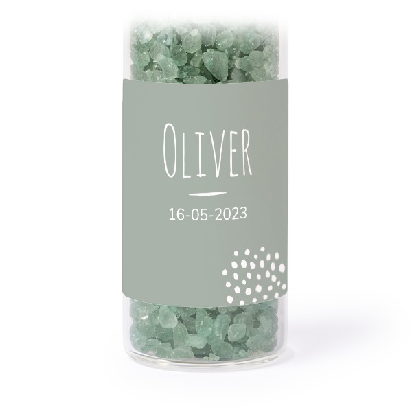 Glazen buisjes met vierkante stickers & groen badzout (set van 12) Glazen buisjes met vierkante stickers & groen badzout (set van 12)