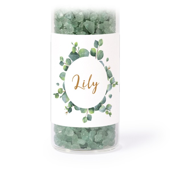 Glass tubes with square stickers & green bath salt - set of 12