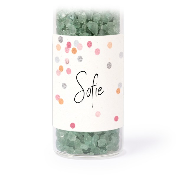 Glass tubes with square stickers & green bath salt - set of 12