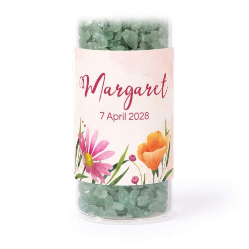 Glass tubes with square stickers & green bath salt - set of 12