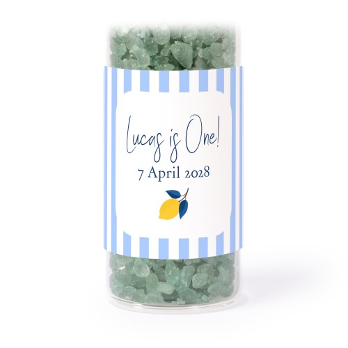 Glass tubes with square stickers & green bath salt - set of 12