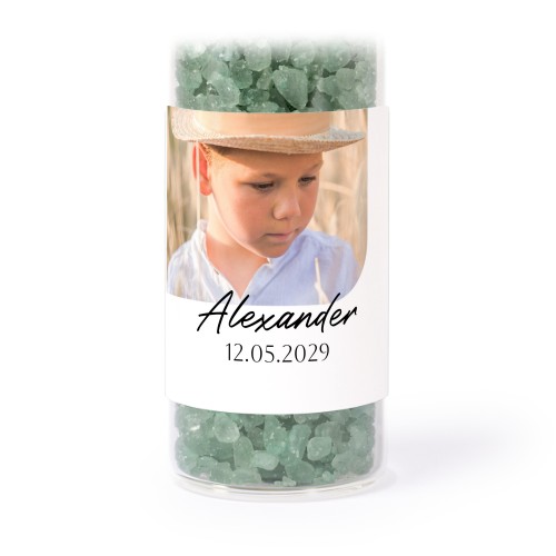 Glass tubes with square stickers & green bath salt - set of 12