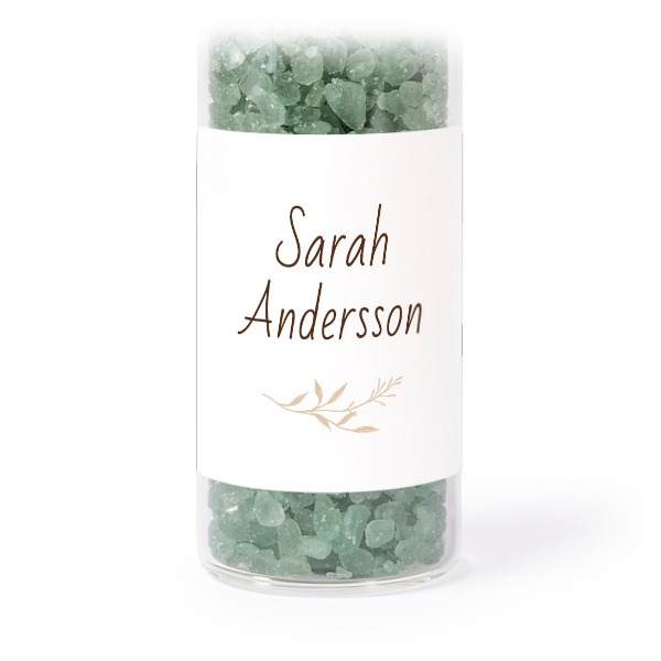 Glass tubes with square stickers & green bath salt - set of 12