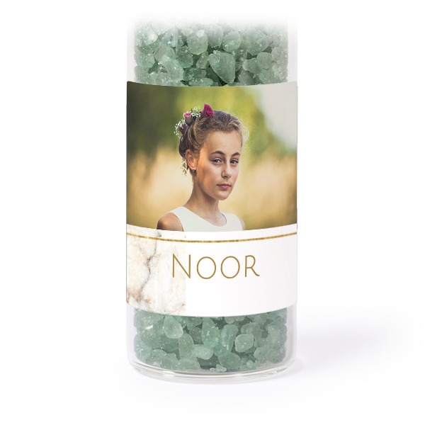 Glass tubes with square stickers & green bath salt - set of 12