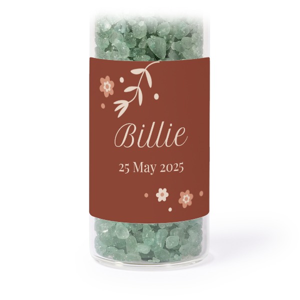 Glass tubes with square stickers & green bath salt - set of 12