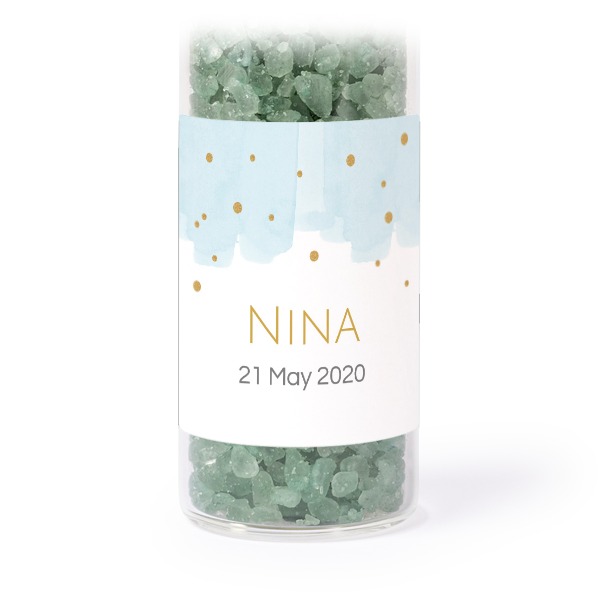 Glass tubes with square stickers & green bath salt - set of 12