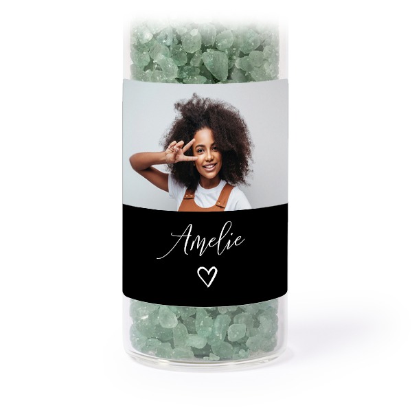 Glass tubes with square stickers & green bath salt - set of 12