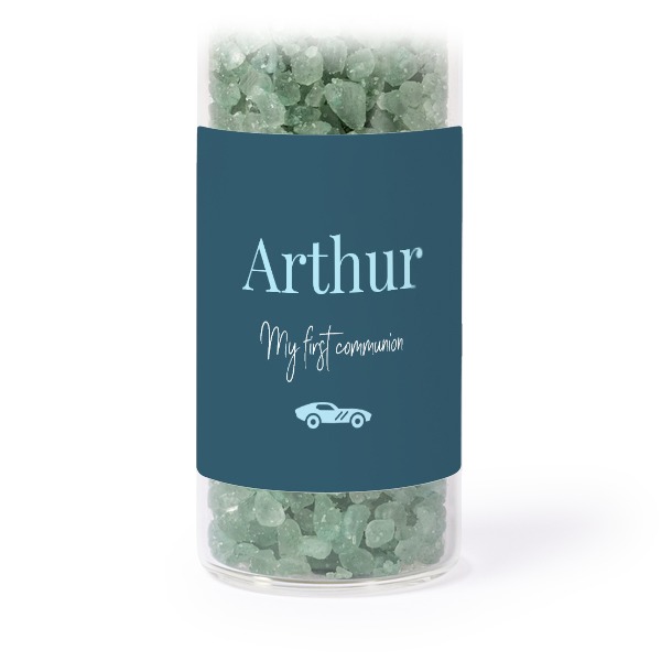 Glass tubes with square stickers & green bath salt - set of 12