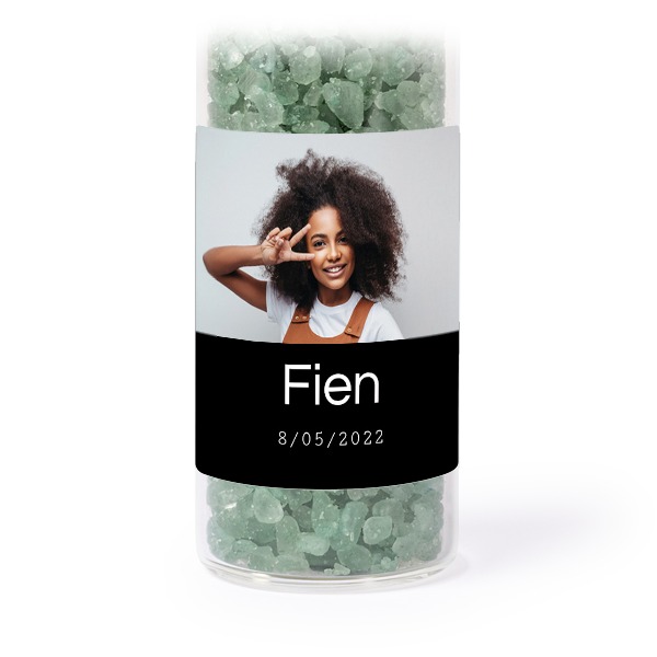 Glass tubes with square stickers & green bath salt - set of 12