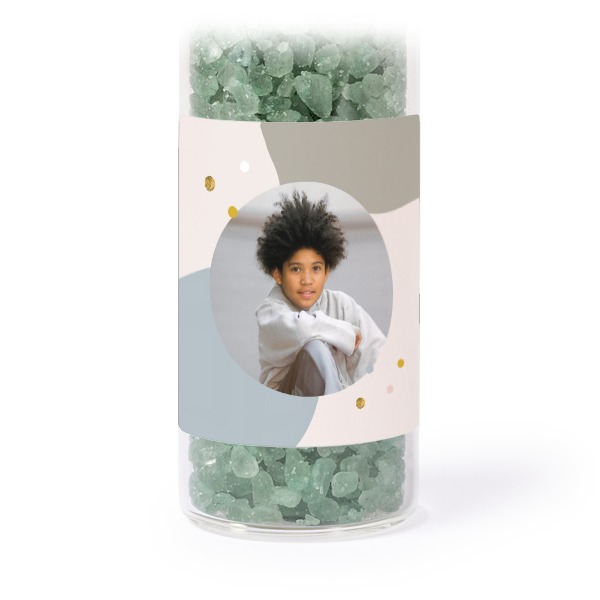 Glass tubes with square stickers & green bath salt - set of 12