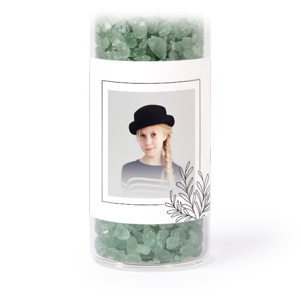 Glass tubes with square stickers & green bath salt - set of 12 Glass tubes with square stickers & green bath salt - set of 12