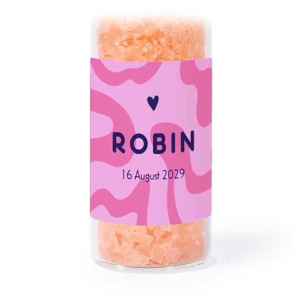Glazen buisjes met vierkante stickers & roze badzout (set van 12) Glazen buisjes met vierkante stickers & roze badzout (set van 12)