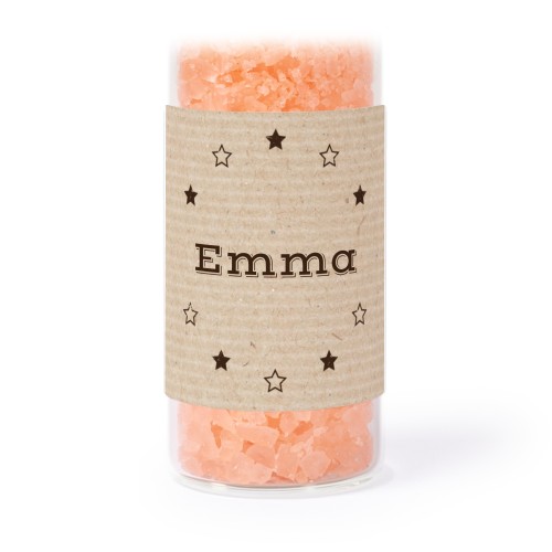 Glass tubes with square stickers & pink bath salt - set of 12