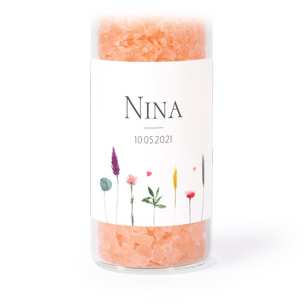 Glass tubes with square stickers & pink bath salt - set of 12