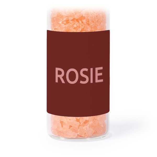 Glass tubes with square stickers & pink bath salt - set of 12