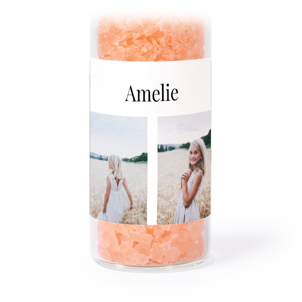 Glass tubes with square stickers & pink bath salt - set of 12