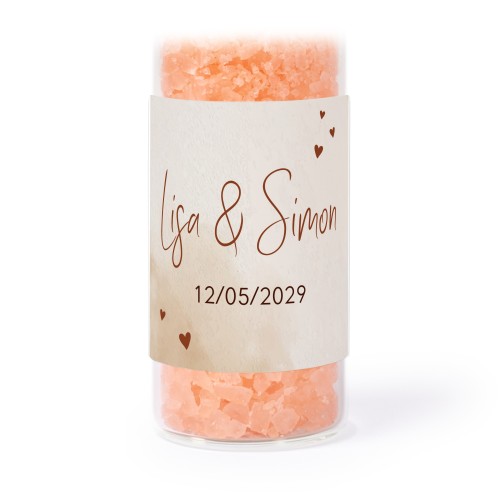 Glass tubes with square stickers & pink bath salt - set of 12