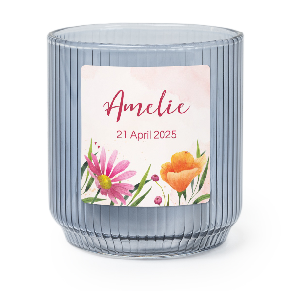 Personalised Blue Glass Tealight Holder with Square Stickers – Set of 6