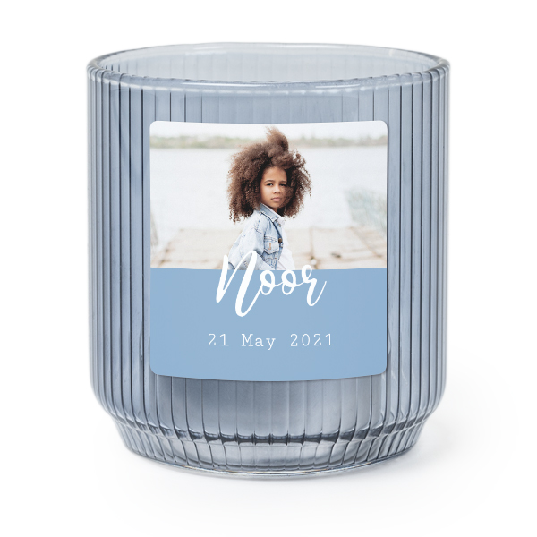 Personalised Blue Glass Tealight Holder with Square Stickers – Set of 6
