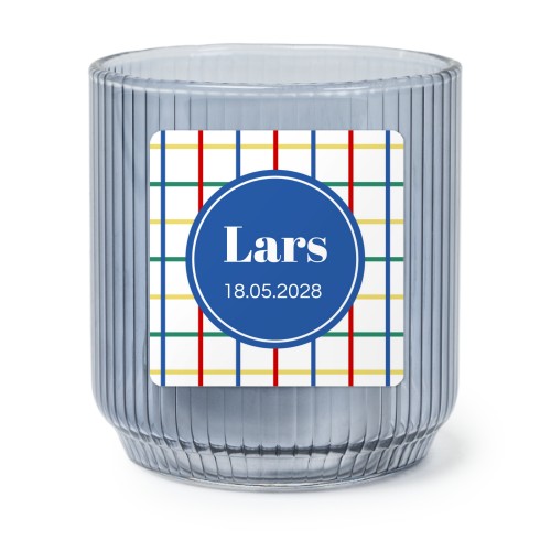 Fyrfadsholder i blåt glas med firkantede klistermærker – 6 stk