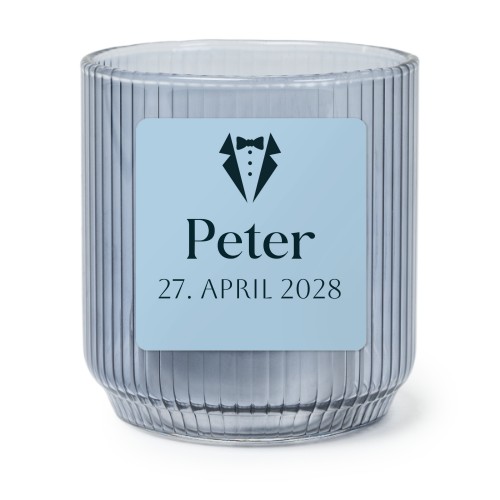 Fyrfadsholder i blåt glas med firkantede klistermærker – 6 stk Fyrfadsholder i blåt glas med firkantede klistermærker – 6 stk