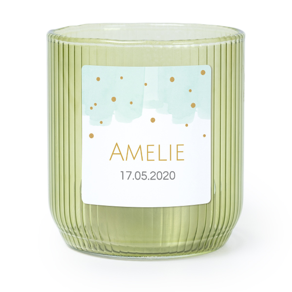 Personalised Green Glass Tealight Holder with Square Stickers – Set of 6