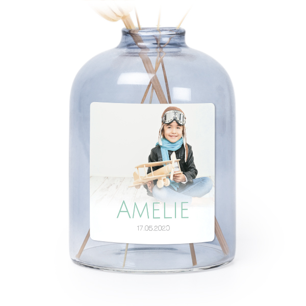 Personalised Blue Glass Vase with Square Stickers – Set of 6