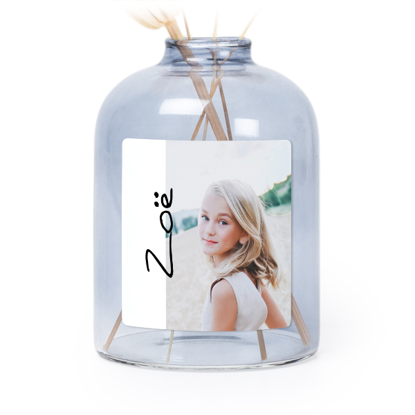Personalised Blue Glass Vase with Square Stickers – Set of 6