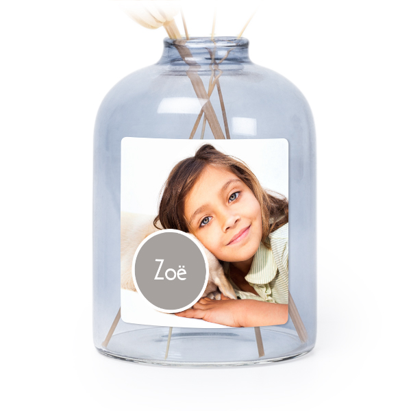 Glazen vaasjes blauw met vierkante sticker - set van 6 Glazen vaasjes blauw met vierkante sticker - set van 6