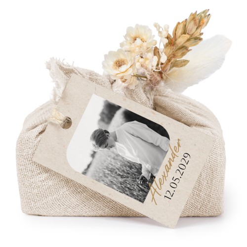 Zeepjes in beige tetra doekje met rechthoekig label (set van 6)