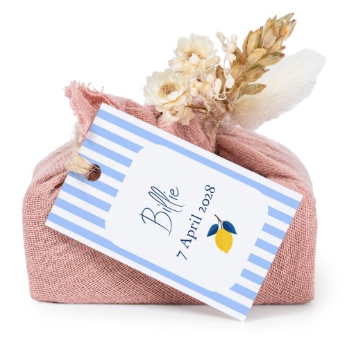 Lot de 6 savons avec emballage en coton rose et étiquettes rectangulaires